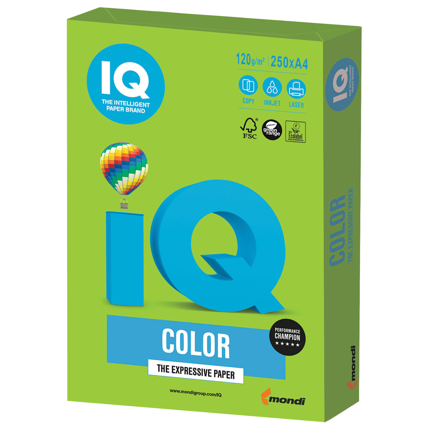 Бумага цветная IQ color, А4, 120 г/м2, 250 л., интенсив, ярко-зеленая, MA42