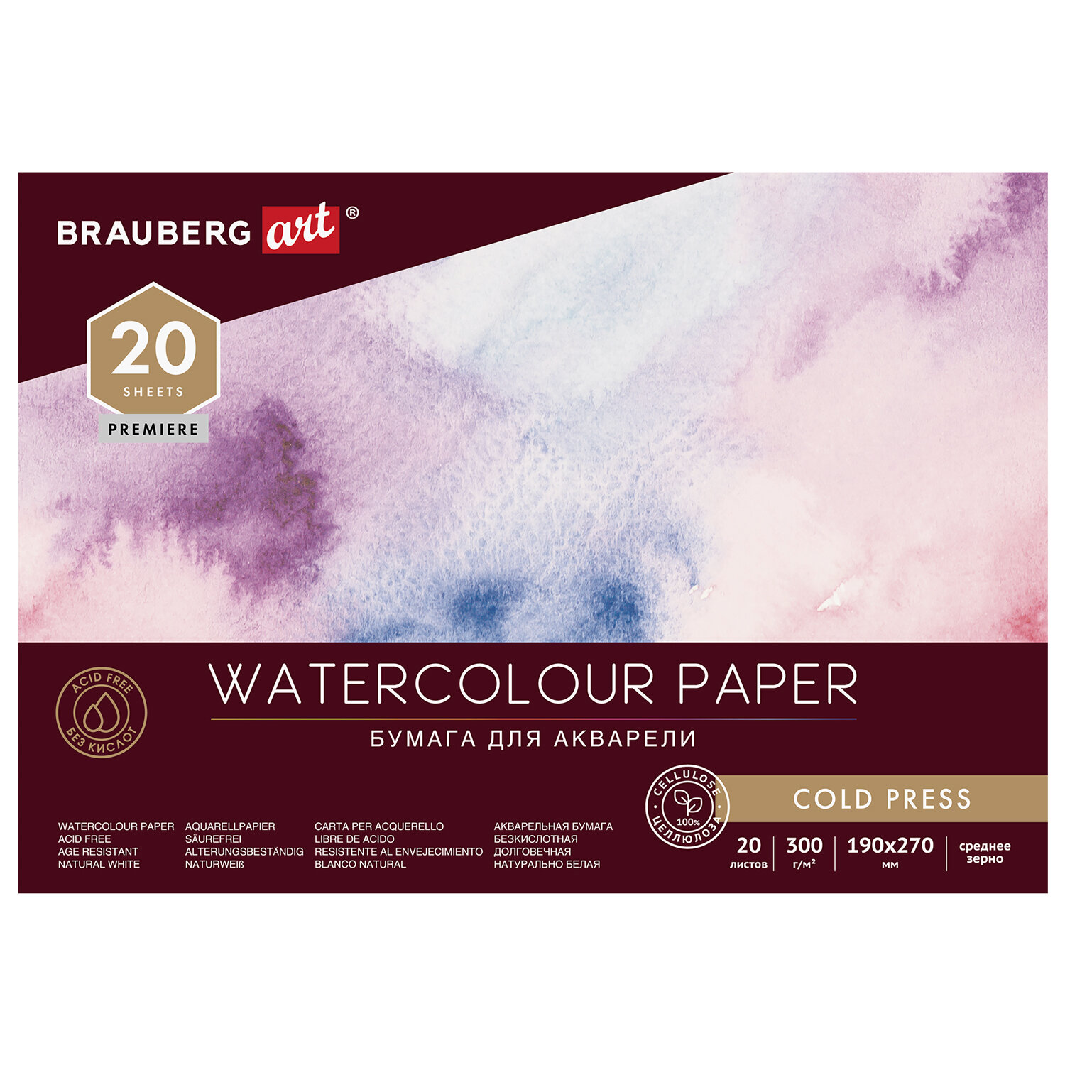 Brauberg Альбом для акварели, бумага 300 г/м2, 190х270 мм, среднее зерно, 20 листов, склейка, BRAUBERG ART PREMIERE, 113222