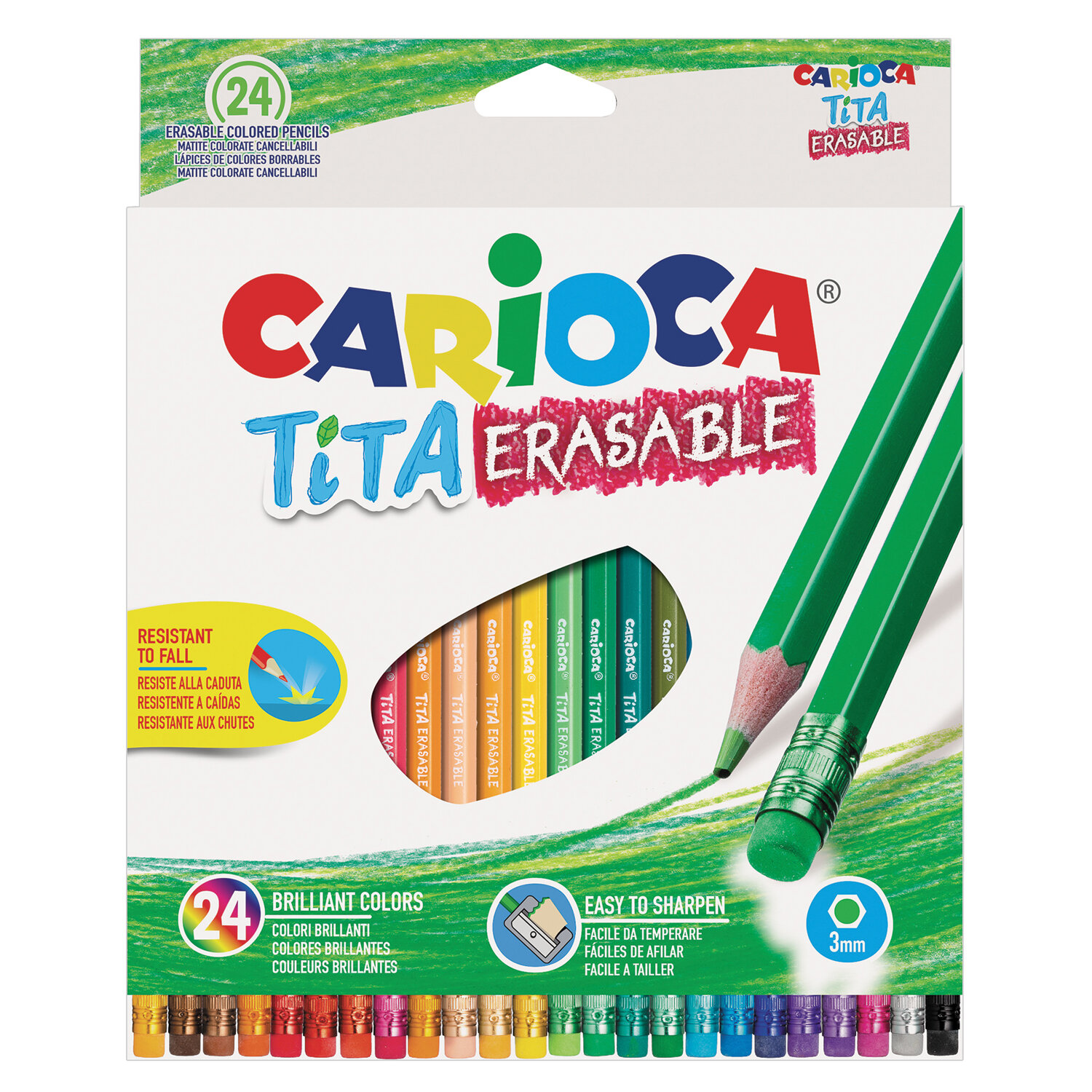 Карандаши цветные стираемые с резинкой CARIOCA Erasable, 24 цвета, пластик, шестигранные, заточенные, 42938