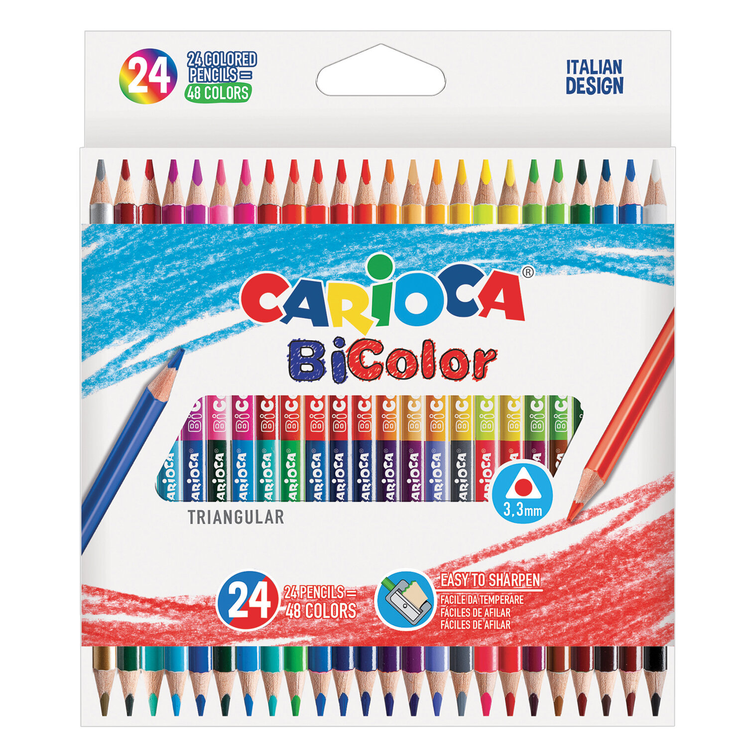 Карандаши двусторонние CARIOCA Bi-color, 24 штуки, 48 цветов, трехранные, заточенные, 43031
