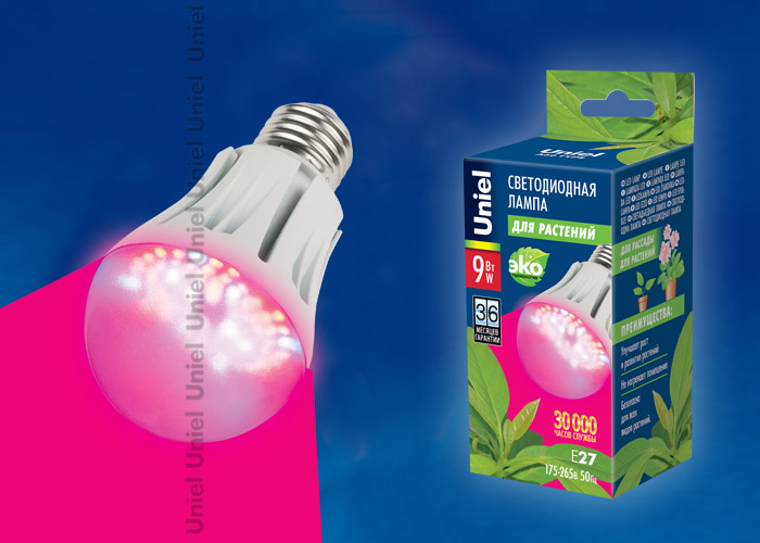 Лампа для растений Uniel  LED-A60-9W/SP/E27/CL